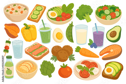 Vector collection of healthy food items including vegetables, drinks, fruits, toasts, and meals.