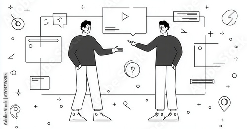 Two outlined people engage in a digital conversation with floating icons connecting ideas in a clean minimalist illustration.