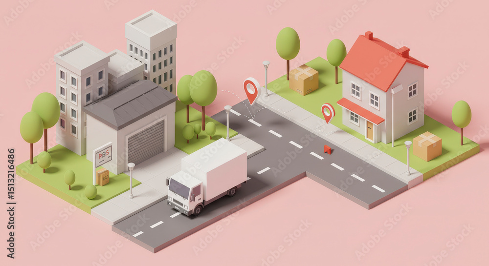 Low Poly Isometric City with Delivery Truck Low Poly Isometric City with Delivery Truck