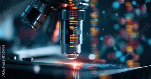 Microscope analyzing sample data with illuminated precision in a dark lab environment. The lens is focused on a grid pattern.