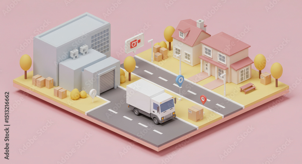 Low Poly Isometric Illustration of a Delivery Truck on a Suburban Street Low Poly Isometric Illustration of a Delivery Truck on a Suburban Street