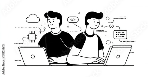 Two people are working on their laptops creating new applications in a minimalist, black and white line art style illustration.