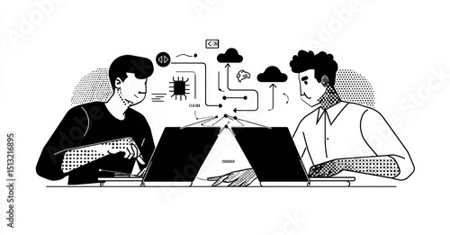 Collaborative Software Development: Two developers working on a project, connected to cloud services.  Digital workspace.