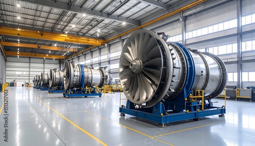 Row Of Jet Engines In A Production Hall Industrial Setting Showing Technology And Manufacturing