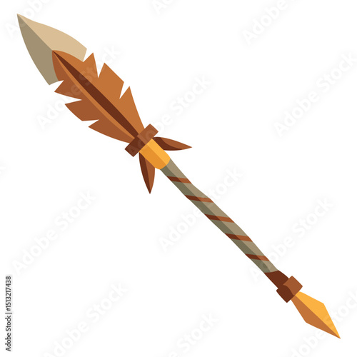 Stylized Wooden Spear with Copper Spearhead, Geometric Design, on White Background