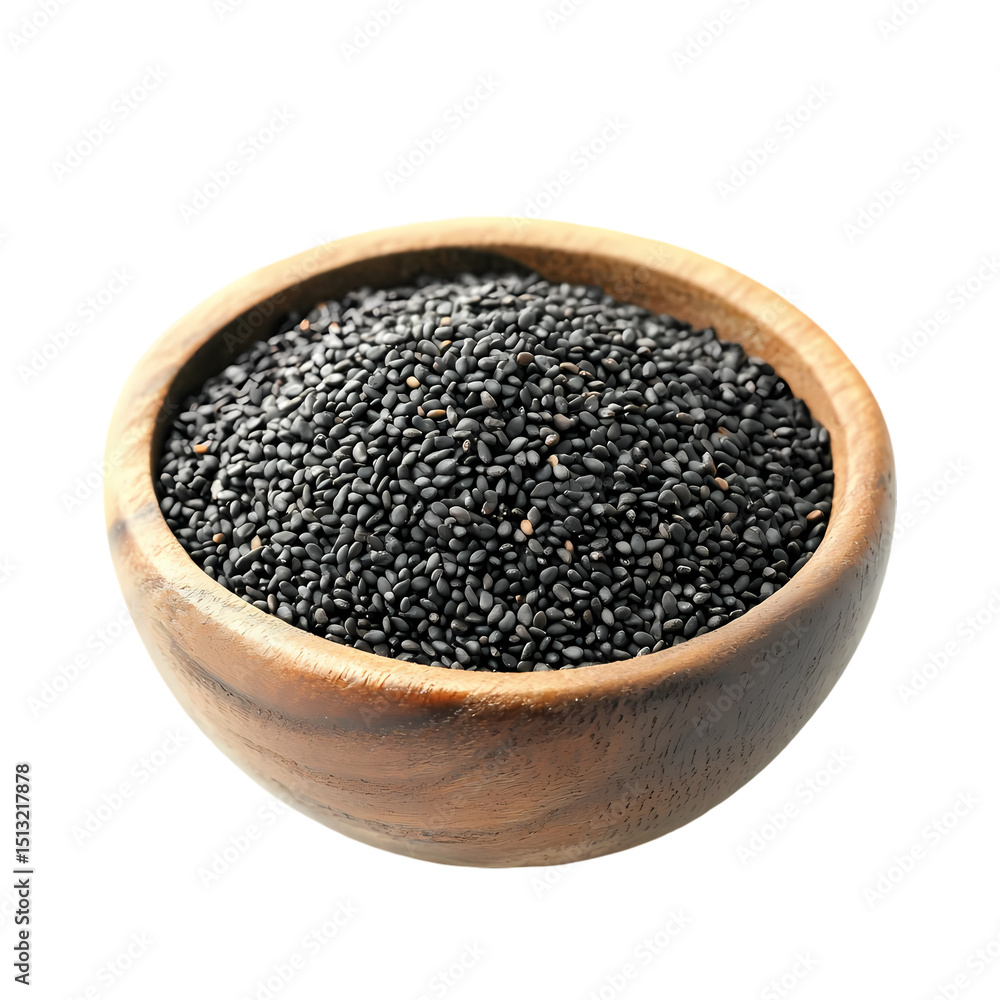 A wooden bowl filled to the brim with small black seeds in a close up shot isolated on transparent background A wooden bowl filled to the brim with small black seeds in a close up shot isolated on transparent background