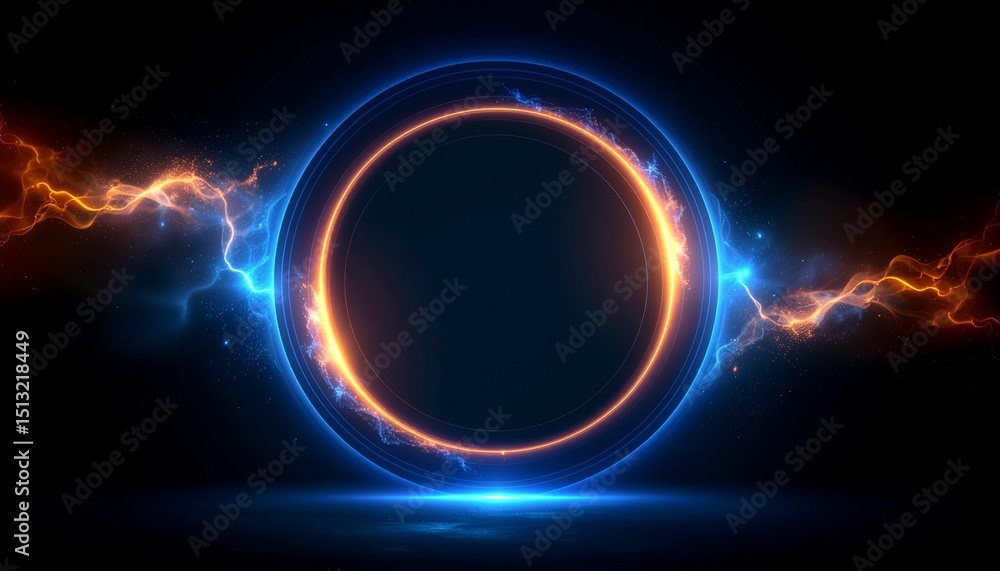 Obraz premium Electric ring energy flow with glowing orange and blue lightning
