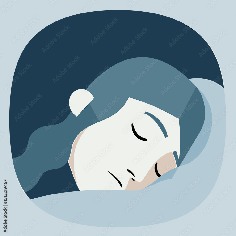 Fototapeta premium Geometric Dreamscape: Abstract Sleeping Face. Modern vector art with interconnected shapes on solid dark blue. Minimalist design for relaxation; blues, grays, whites. Contemporary flat design.