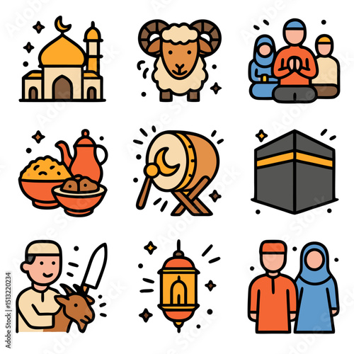 Nine icons display Eid alAdha elements with mosque ram Mecca cube lantern goat sacrifice and praying people