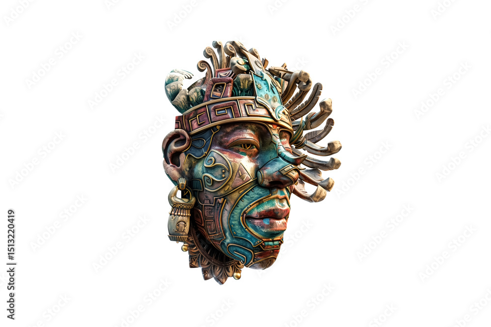 Fototapeta premium 3D render of an ancient Mayan or Aztec head mask, colorful in t