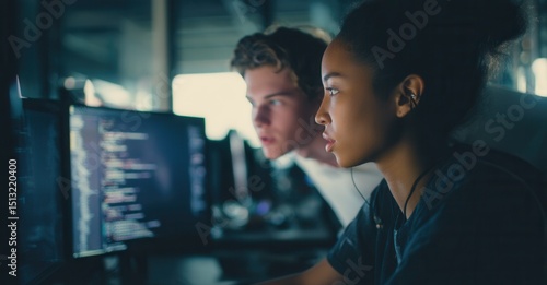 Two individuals collaborating on a project, focused on computer screens displaying code, set in a dimly lit workspace.