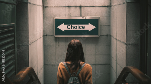 Abstract image of a woman standing before a sign with the word 
