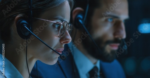 Focused agents wearing headsets in a call center. They are working diligently, providing customer service and technical support, in an office.
