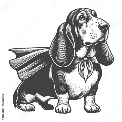 Vintage Hand-Drawn Basset Hound Wearing Superhero Cape Illustration – Rustic Engraved Style Vector For T-Shirts, Posters, Stickers, And Heroic Pet Apparel