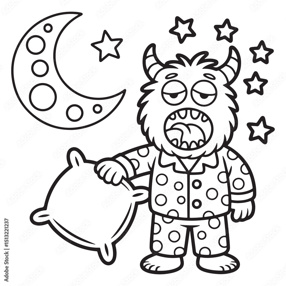 Fototapeta premium Monster Wearing Pajamas Holding Pillow with Moon and Stars – Cozy Bedtime Cartoon Line Art Illustration for Kids