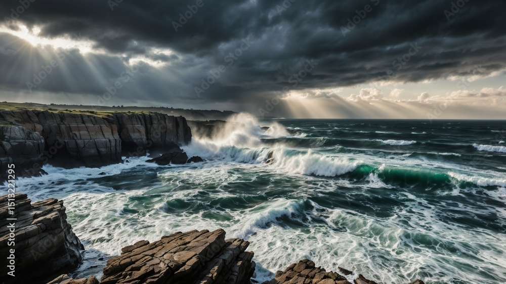 Fototapeta premium Stormy Ocean Waves Crashing on Cliffs