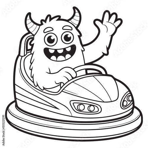 Cartoon Monster in a Bumper Car – Amusement Park Line Art