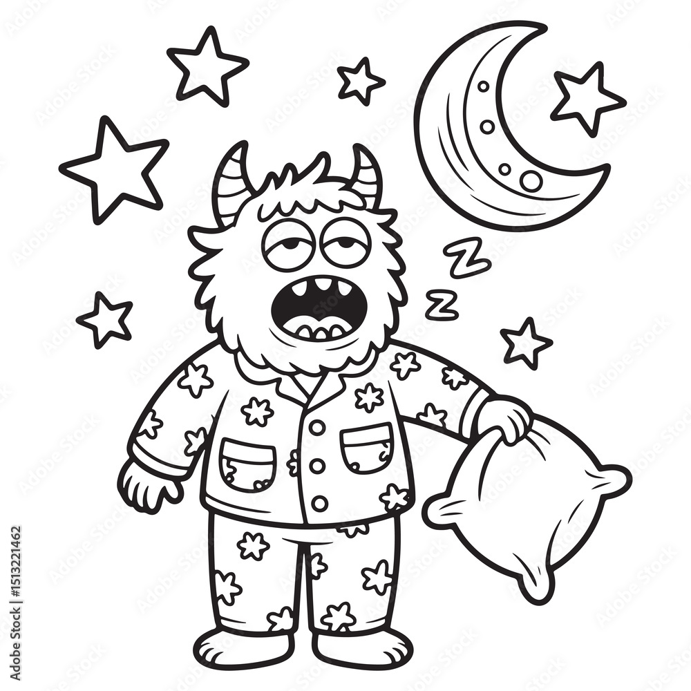Obraz premium Sleepy Pajama Monster Under the Moon and Stars Holding a Blanket – Cute Cartoon Line Art Illustration for Kids