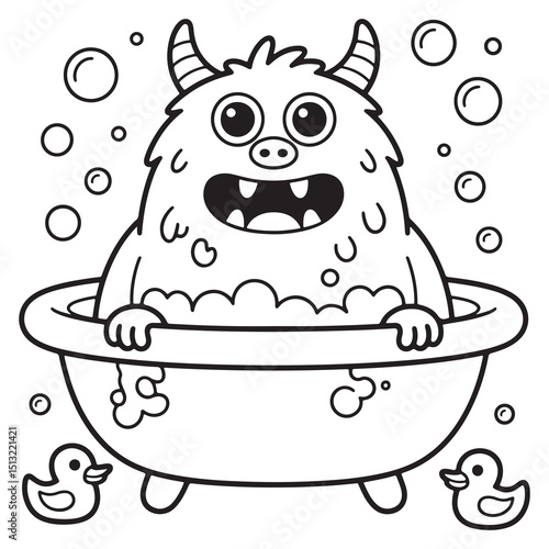 Happy Monster Taking a Bubble Bath with Rubber Duck – Fun Hygiene Cartoon Line Art Illustration for Kids