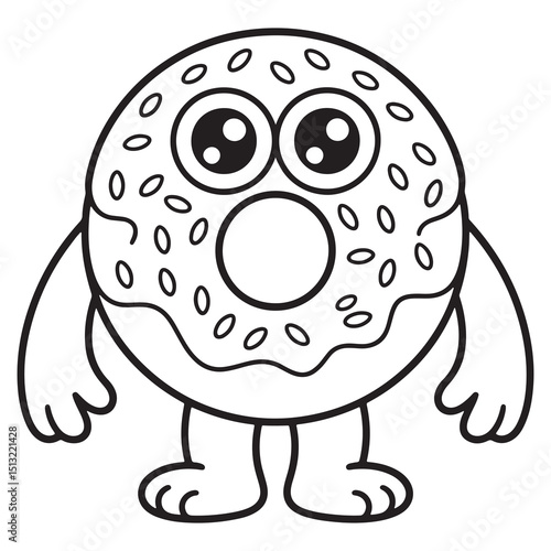 Goofy Monster with Donut Body and Big Eyes – Funny Dessert-Themed Cartoon Line Art Illustration