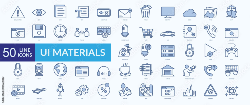 UI materials icon collection set with cloud, media, microphone, browser, music UI materials icon collection set with cloud, media, microphone, browser, music