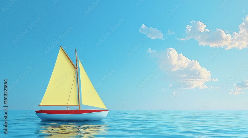 Fototapeta premium Bright Yellow Sailboat Gliding Over Calm Blue Waters Under Clear Sky with Clouds