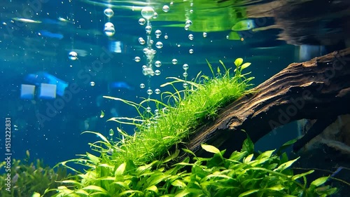 Underwater aquarium with aquatic plants and driftwood