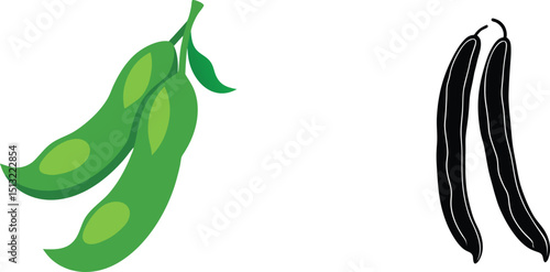 Fresh green soybeans in pods and black vanilla beans illustration