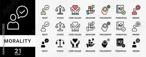MORALITY icon set with various styles and colors of Right, ethics, wrong, behavior, philosophy, society, principles, core values. Business banner web vector infographic