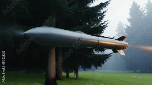The missile races dense forest sleek body cutting trees at breakneck speed. low-altitude flight forest floor wildlife missile zooms by. dynamic angle, narrowly tree missile locks sudden surge of speed
