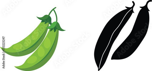 Fresh green peas vector illustration with silhouette isolated on white background