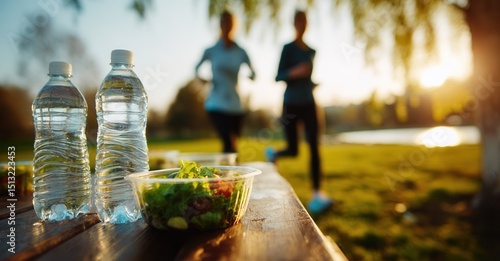 Healthy lifestyle: Water bottles and salad sit on a picnic table as joggers pass by in a sunlit park. Embracing wellness in nature.