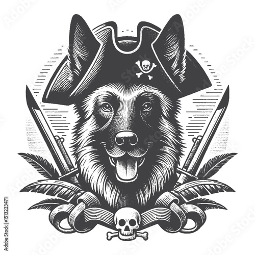 Vintage Hand-Drawn Belgian Malinois As Pirate Illustration – Rustic Engraved Style Vector For T-Shirts, Posters, Stickers, And Adventurous Pet Apparel