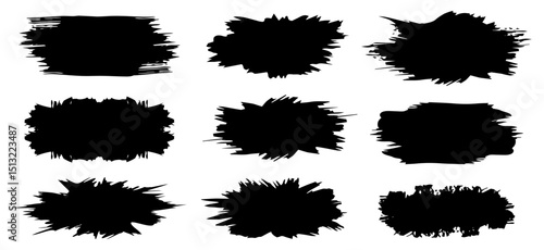 Set of black paint, ink brush strokes, brushes, lines. Dirty artistic design elements, boxes, frames for text. Vector illustration