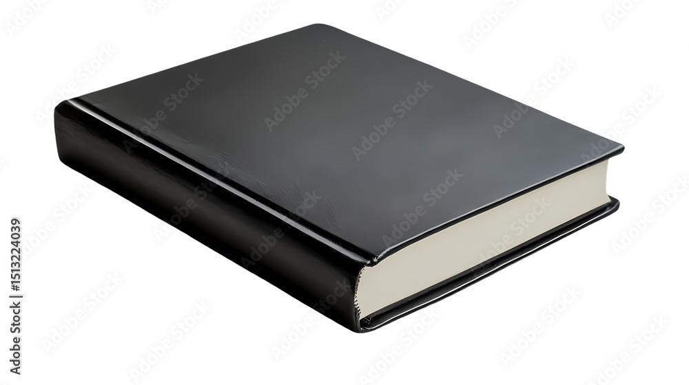 A close up shot of a closed black book with a textured cover lying on a black surface in dim lighting isolated on transparent background A close up shot of a closed black book with a textured cover lying on a black surface in dim lighting isolated on transparent background