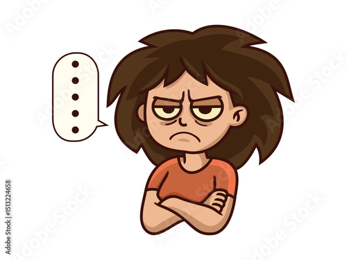 Funny cartoon of a grumpy girl with crossed arms and a speech bubble with ellipsis. Expresses boredom, irritation, or silence.