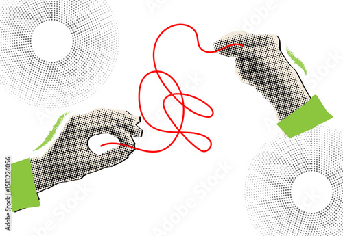 Halftone collage hands working together to untangle red rope,trendy collage with cut out elements