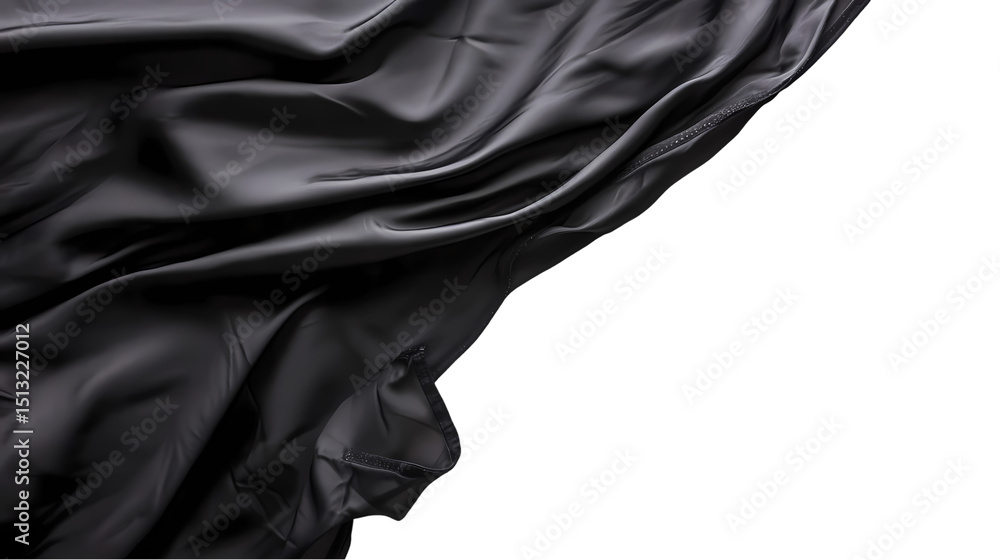 Fototapeta premium Close up shot of flowing black silk fabric with visible folds and texture isolated on transparent background