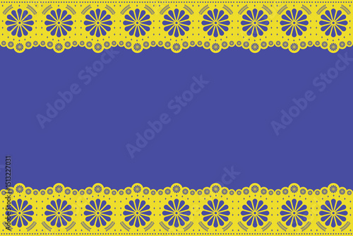 National Hispanic Heritage Month. Blue vector background with Mexican floral yellow ornament. Fiesta, Cinco de Mayo - ornament decorated with pattern and flowers. Ethnic Mexican background for greetin