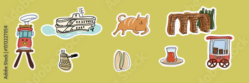Set of stickers hand drawing, line art simple art, Turkish, Istanbul landmarks, symbols, famous places. Collection of isolated Vector illustrations.