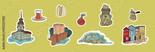 Set of stickers hand drawing, line art simple art, Turkish, Istanbul landmarks, symbols, famous places. Collection of isolated Vector illustrations.