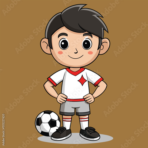 A cheerful cartoon little boy playing soccer (footbal) vector character 