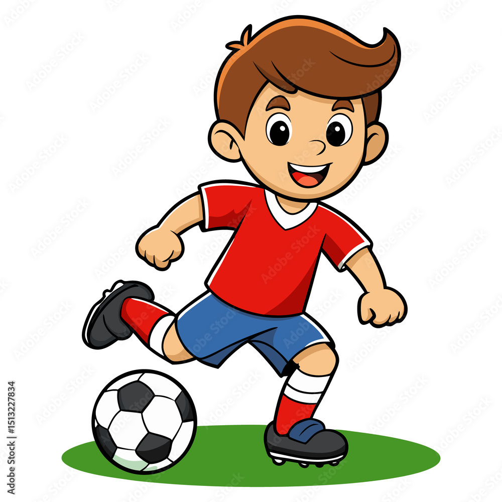 Obraz premium A cheerful cartoon little boy character playing soccer vector illustration 