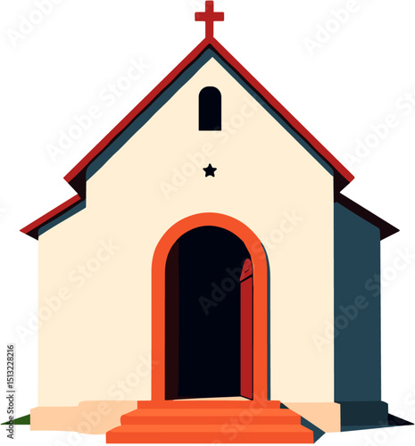 Minimalistic chapel illustration with open doors, serenity concept
