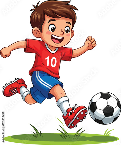 A cheerful cartoon little boy character playing soccer vector illustration 