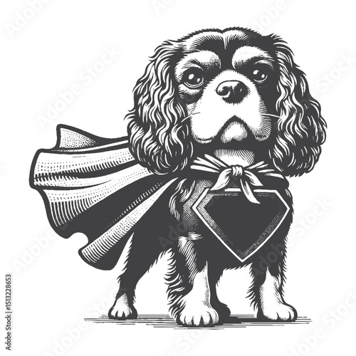 Vintage Hand-Drawn Cavalier King Charles Spaniel Wearing Superhero Cape Illustration – Rustic Engraved Style Vector For T-Shirts, Posters, Stickers, And Heroic Pet Apparel