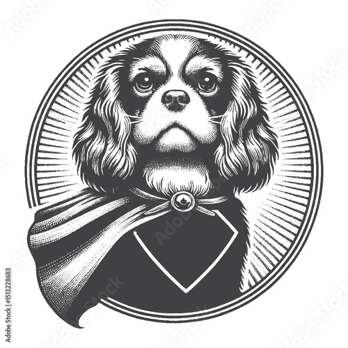 Vintage Hand-Drawn Cavalier King Charles Spaniel Wearing Superhero Cape Illustration – Rustic Engraved Style Vector For T-Shirts, Posters, Stickers, And Heroic Pet Apparel