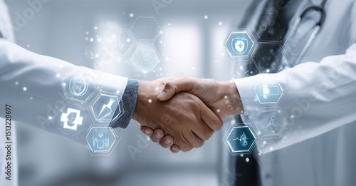 Medical Collaboration: Doctors shaking hands, symbolizing trust and partnership in healthcare, enhanced with digital health icons.