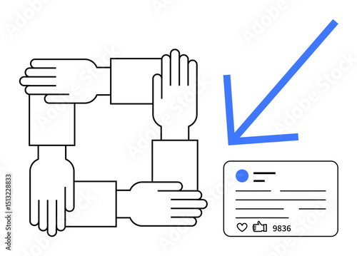 Four arms forming a square symbolizing unity alongside a social media post with thumbs ups and comments. Ideal for teamwork, collaboration, communication, social interaction, online engagement