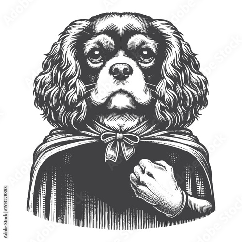 Vintage Hand-Drawn Cavalier King Charles Spaniel Wearing Superhero Cape Illustration – Rustic Engraved Style Vector For T-Shirts, Posters, Stickers, And Heroic Pet Apparel
